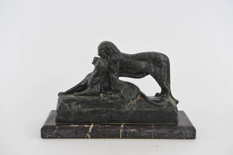 MAXIMILIEN LOUIS FIOT (FRENCH 1886-1953): Two Panthers, 1930s A Patinated Bronze Sculpture on marble base. Signed M. FIOT on the front left side base and on the back base the foundry mark Susse Fres Edts Paris cire perdue Dimension: H 6.5" x