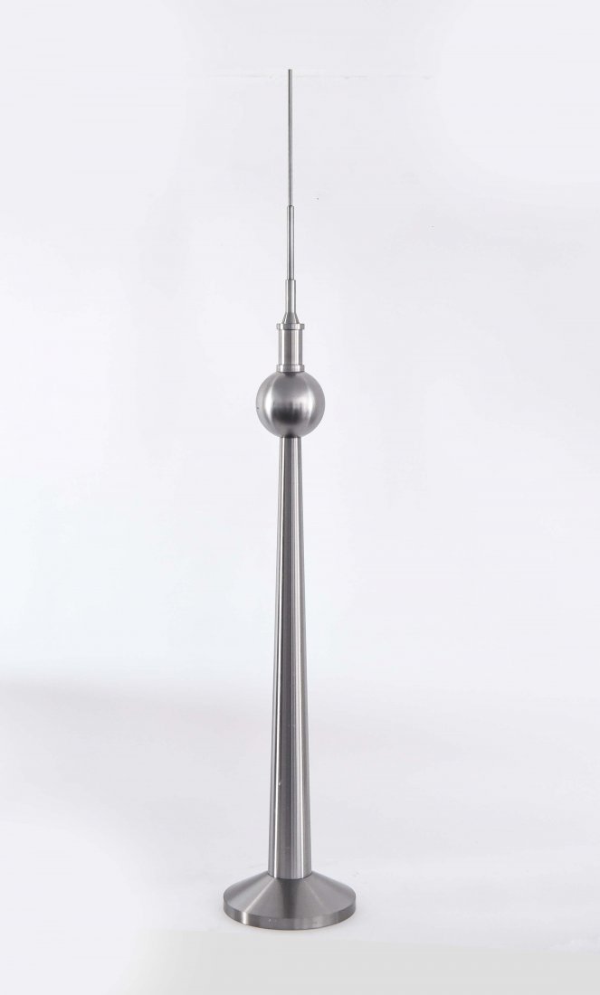 MACHINE AGE BERLIN RADIO TELEVISION TOWER: Machined steel. German circa 1980. Dimensions: H 45"x W 7.5" Condition: Pitting/Surface scratches
