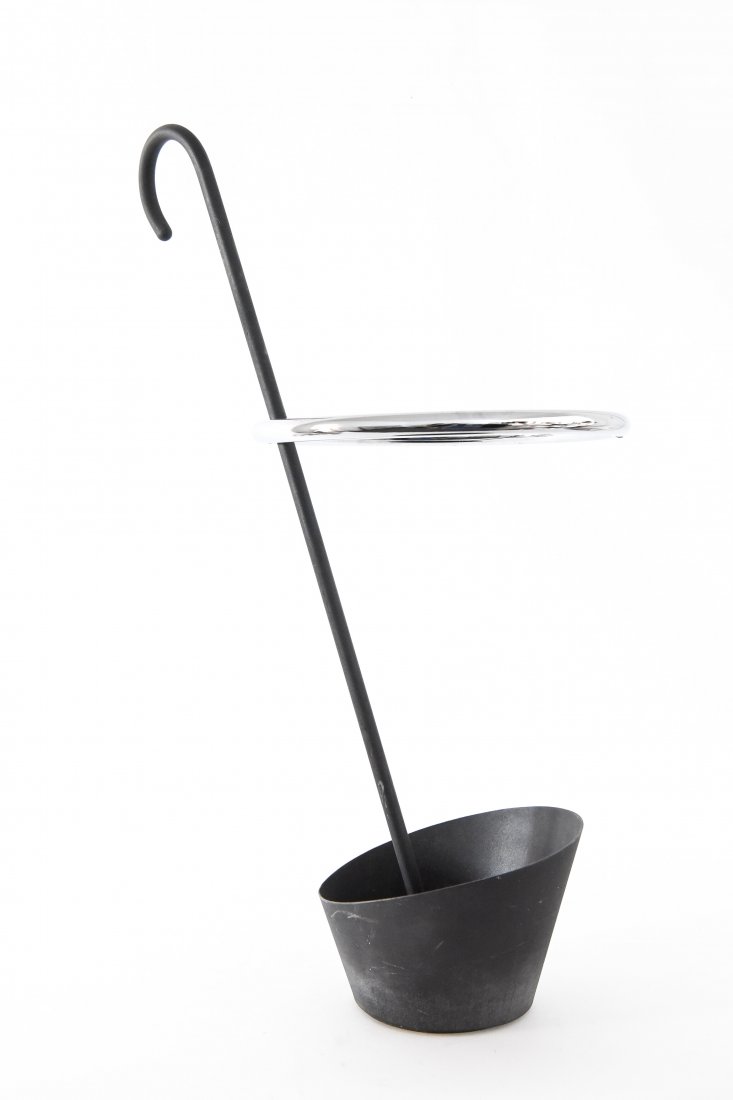 SHIRO KURAMATA; IDEE MODERNIST UMBRELLA STAND: Chrome-plated steel and enameled metal. Japanese circa 1987. Provenance: MoMA. Dimensions: H 35"x W 19" Condition: Nothing to Note