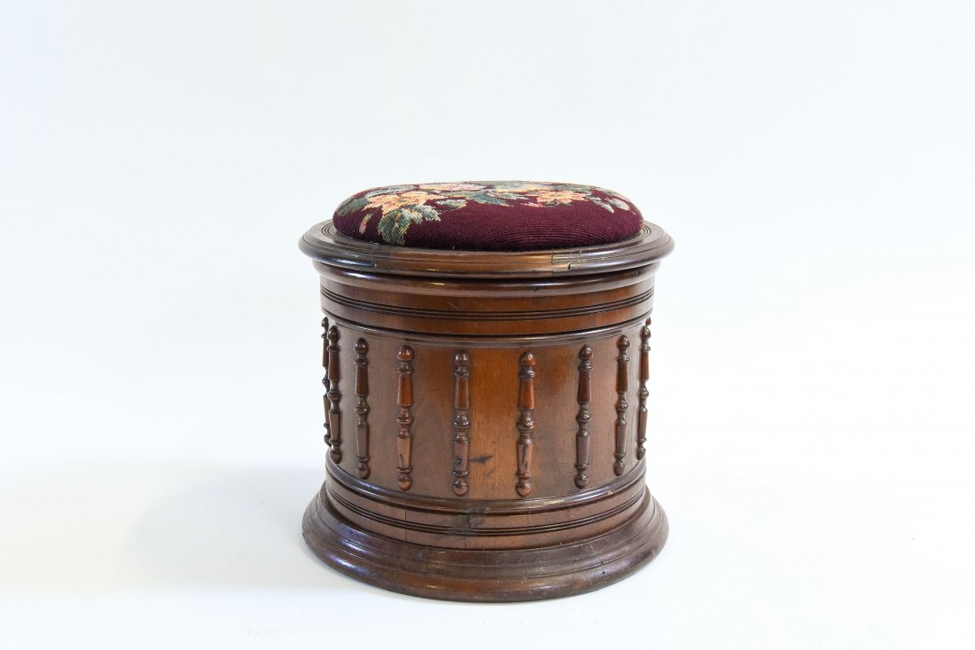 ANTIQUE NEEDLEPOINT BARREL STOOL (1 of 7)