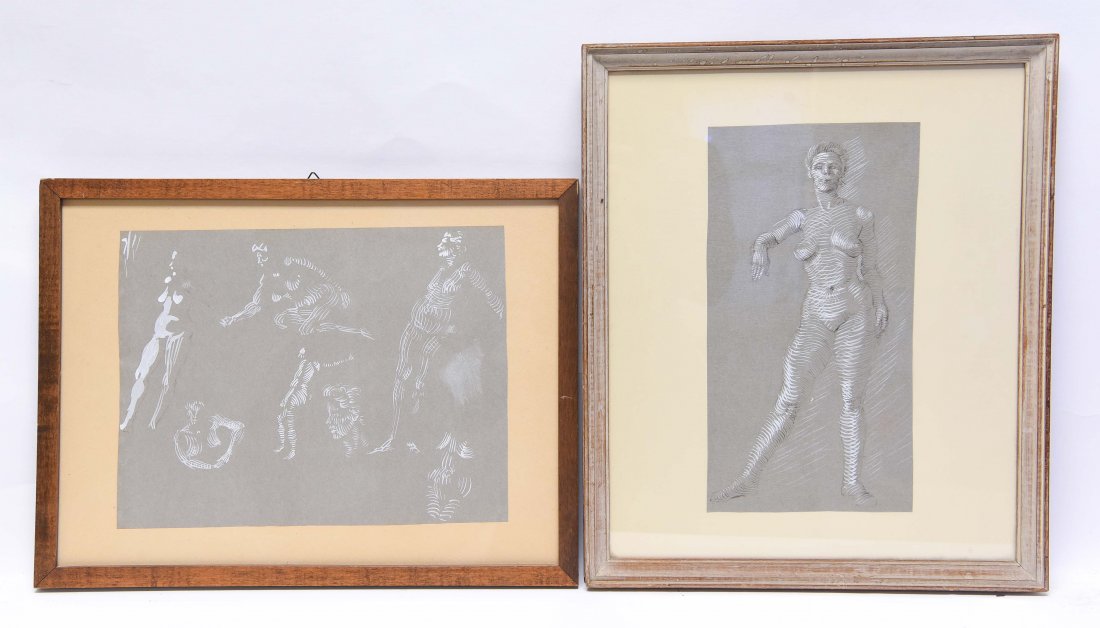 AFTER REGINALD MARSH, TWO WHITE INK LINE DRAWINGS: Female nudes. Dimensions: Frames H11 x14.5", image H 8" x W 10.5" Condition: No issues to note. and Dimensions: Frames H14.5" x 12", image H 10.5" x W 5.5" Condition: No issues to note.