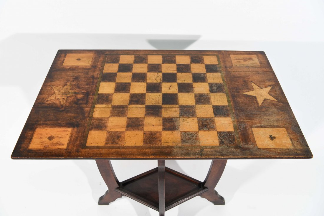 ANTIQUE FOLK PAINTED CHESS & GAME TABLE (1 of 8)