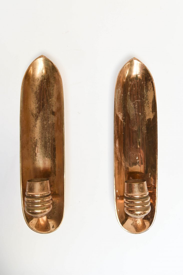 PAIR OF BRASS SCONCES: Dimensions: H 14.5"x W 3.75"x D 3.5" Condition: Some pitting, scuffs, and light scratches