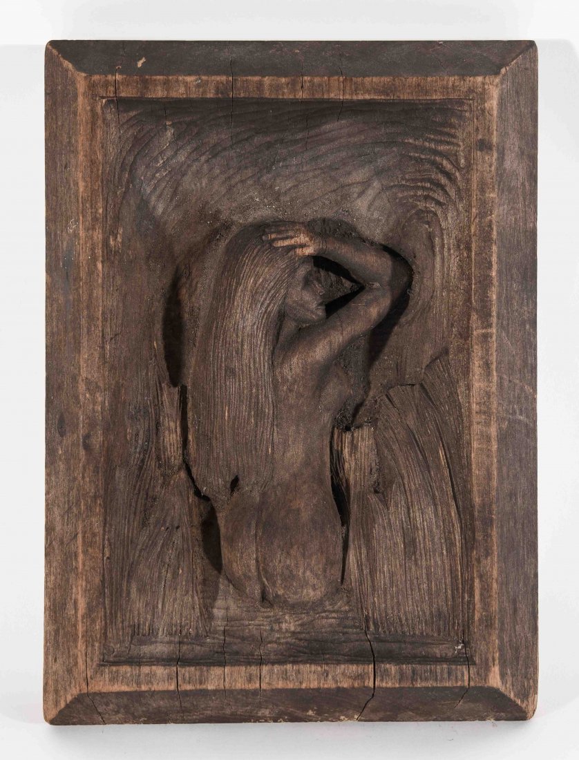 WOOD FOLK ART CARVING OF A FEMALE NUDE: Note: on the verso reads: "In Remembrance of pearl harbor, Carved by N.C. Wagner,Norwalk, Conn, 1943 Dimension H 15" x W 11'' x D 2.5'' Condition: some scuffs and scratches.
