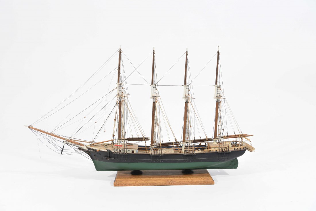 JOHN WALLACE MODEL SHIP: commissioned in the 70’s. Directly from master model builder John Wallace in his Eastham Mass.workshop. He built models for Boston museums. Dimensions: H 16.5" x W 28" x W 4" Conditions: Some loose