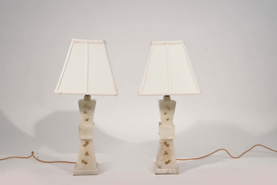 PAIR OF ALABASTER LAMPS: Dimensions: H 23" x W 10" x D 10" Condition: Small chips to some marble edges.