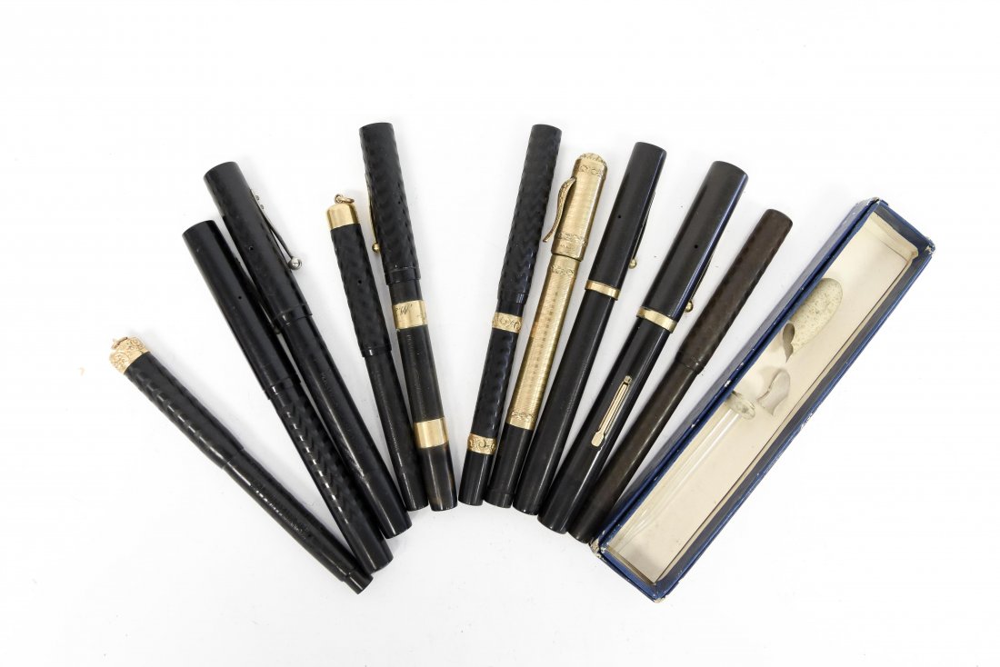 (10) WATERMANS FOUNTAIN PENS: Ideal, 18K Ideal gold filled, Arthur Waterman, Clip cap etc. Condition: Signs of age, some scratching.