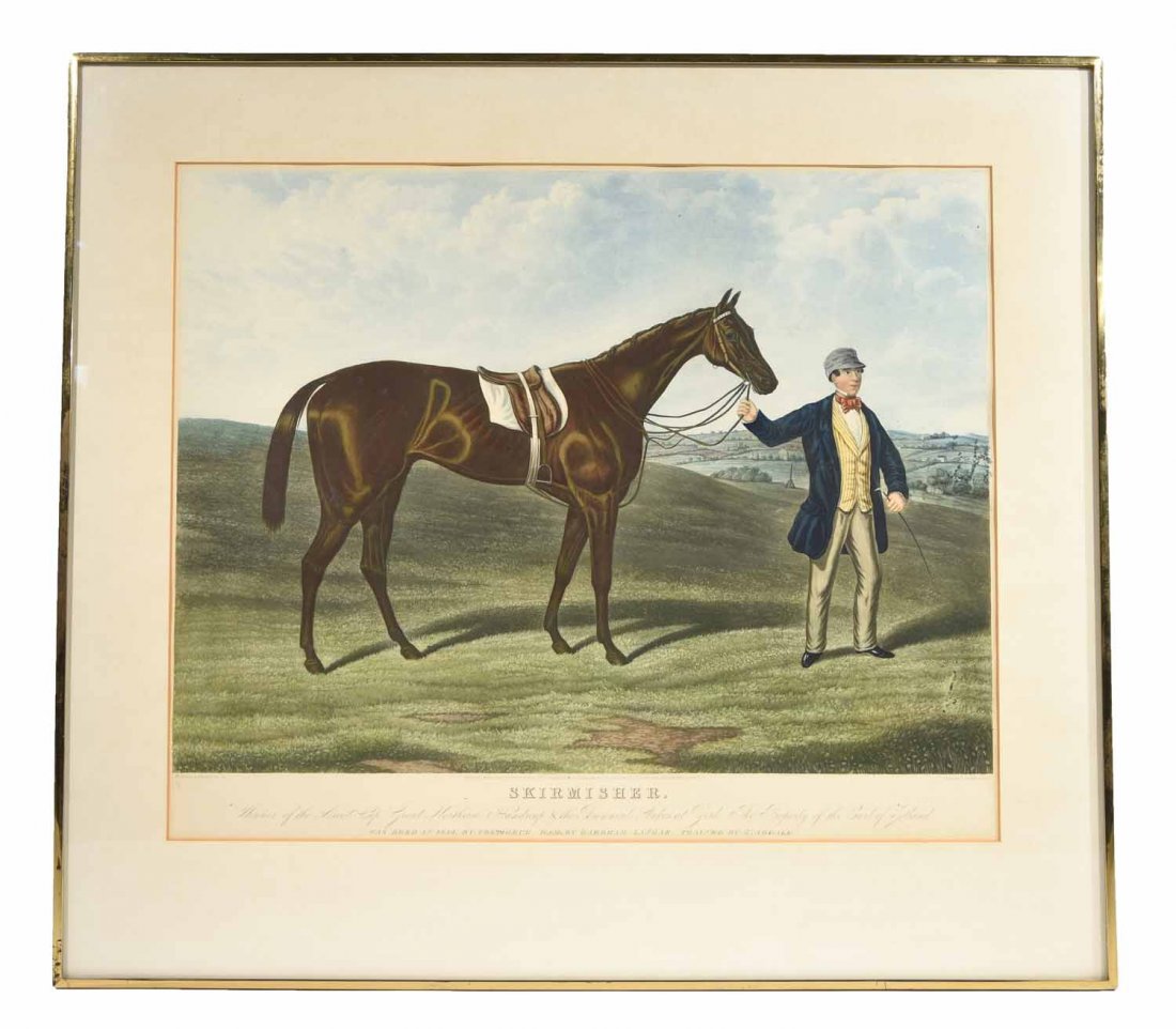 SKIRMISHER HORSE PRINT C.1850'S: Engraved by Charles Hunt after a picture by Charles Hunt. Dimensions: Frame H29.5 x W 33", sight H 20 3/8" x W 26" Condition: mat stains.