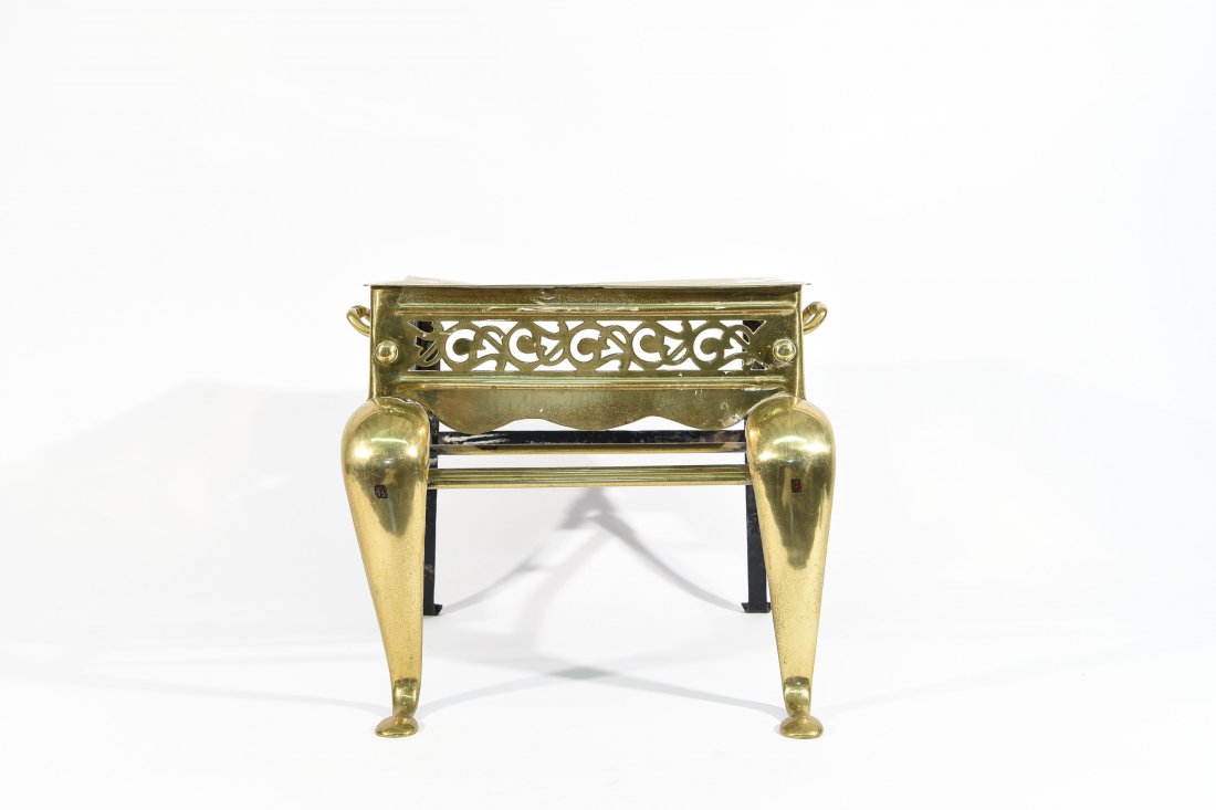 BRASS FIREPLACE TRIVET: Dimensions: H 13" x W 17" x D 15" Condition: Some dents, dings, scratches, and finish loss.