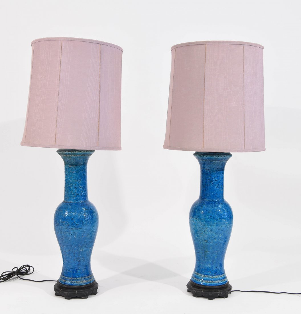 PAIR OF ITALIAN BITOSSI BLUE CERAMIC TABLE LAMPS (1 of 9)