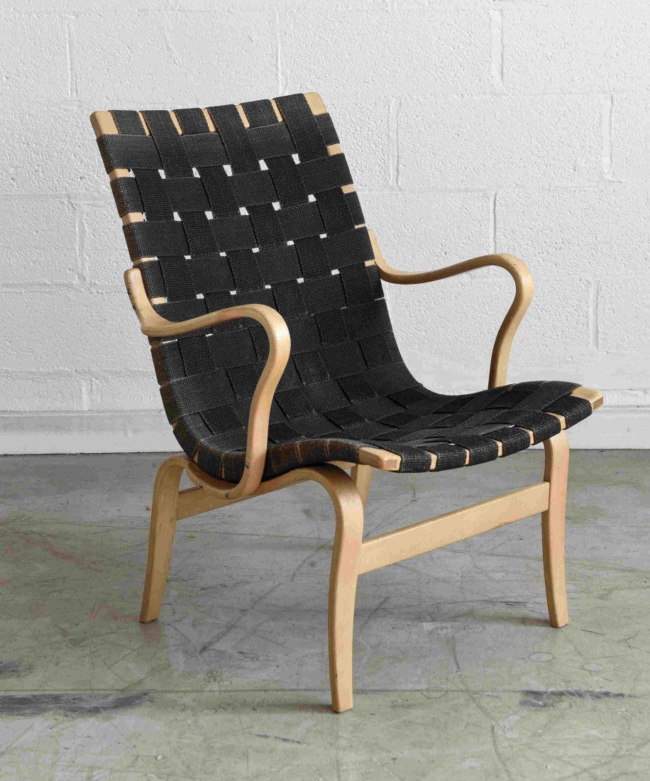 BRUNO MATHSSON EVA CHAIR: Swedish 1960'sDimensions: H 32" x W 23.5" x D 22"Condition: Light scratches, some fading to fabric. Finish wear consistent with age and use. Marked on lower back cross bar.