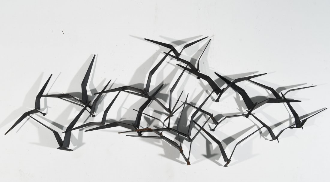 C. JERE BIRDS WALL SCULPTURE: Dimensions: H 21.5" x W 56.75" x D 21.75" Condition: Some paint finish loss and oxidization in a few places.