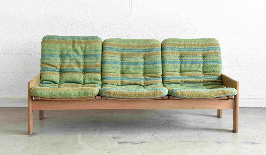 YNGVE EKSTROM FOR SWEDESE SOFA: Beech-wood with wool cushions, Sweden 1960'sDimensions: H 29" x W 69" x D 29"; Condition: Couple small stains to upholstery. Couple very light scratches to base.