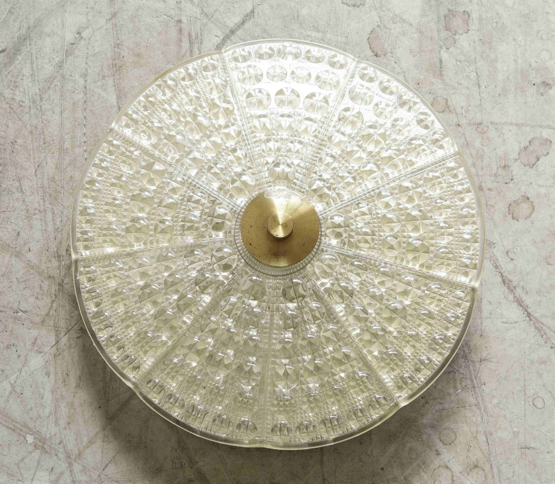 CARL FAGERLUND FOR ORREFORS CEILING FIXTURE: Sweden 1950's Dimensions: 4" drop x 16" diameter Condition: Tarnished brass