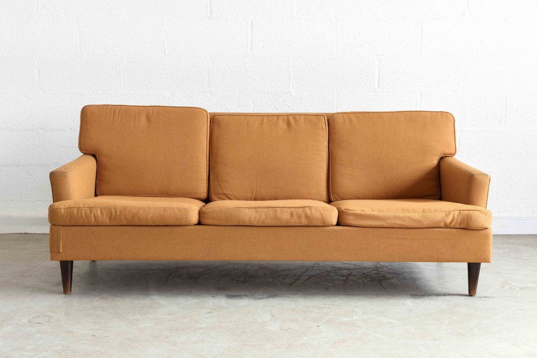DUX THREE SEATER SOFA: Sweden 1960's Dimensions: H 28" x W 70" x D 33" Condition: Few marks to wood legs, Some fraying and small tears to fabric, some stains