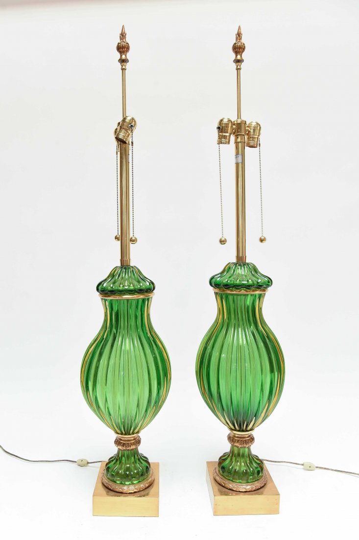 PAIR SEGUSO; MARBRO GREEN MURANO LAMPS (1 of 9)