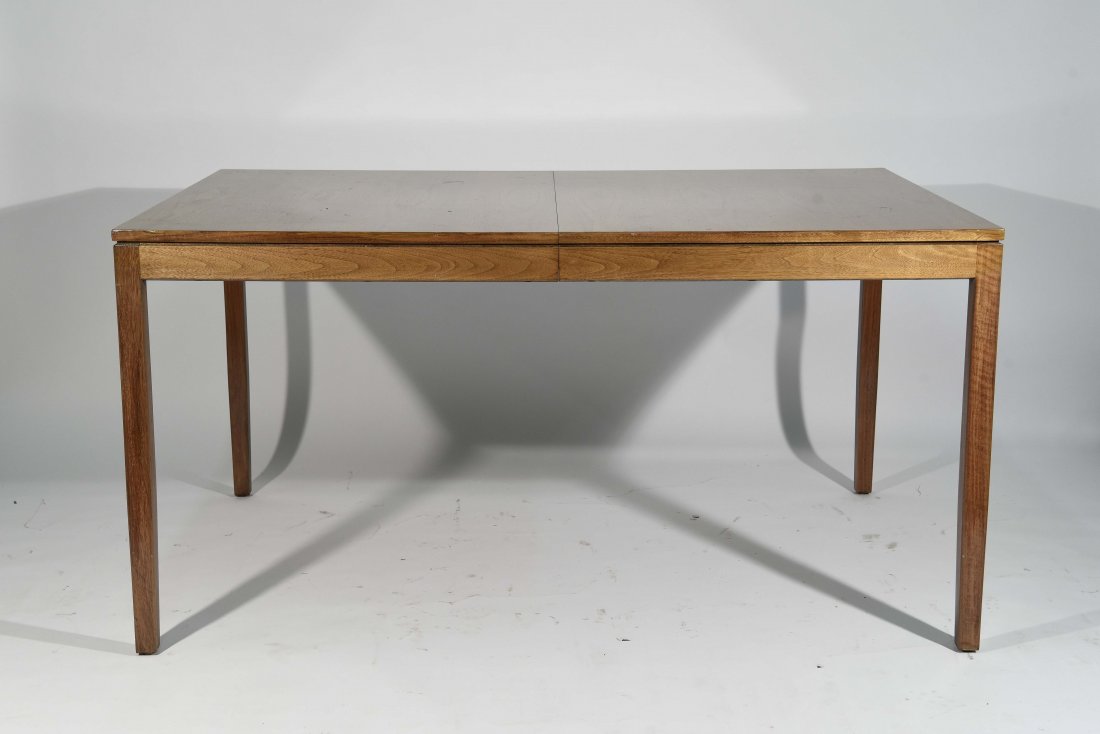 KNOLL DINING TABLE: Dimensions: H 28.5" x W 56" x 38" with one leaf Condition: Some small scuffs and loss of finish to legs, small nicks and chips to leaf