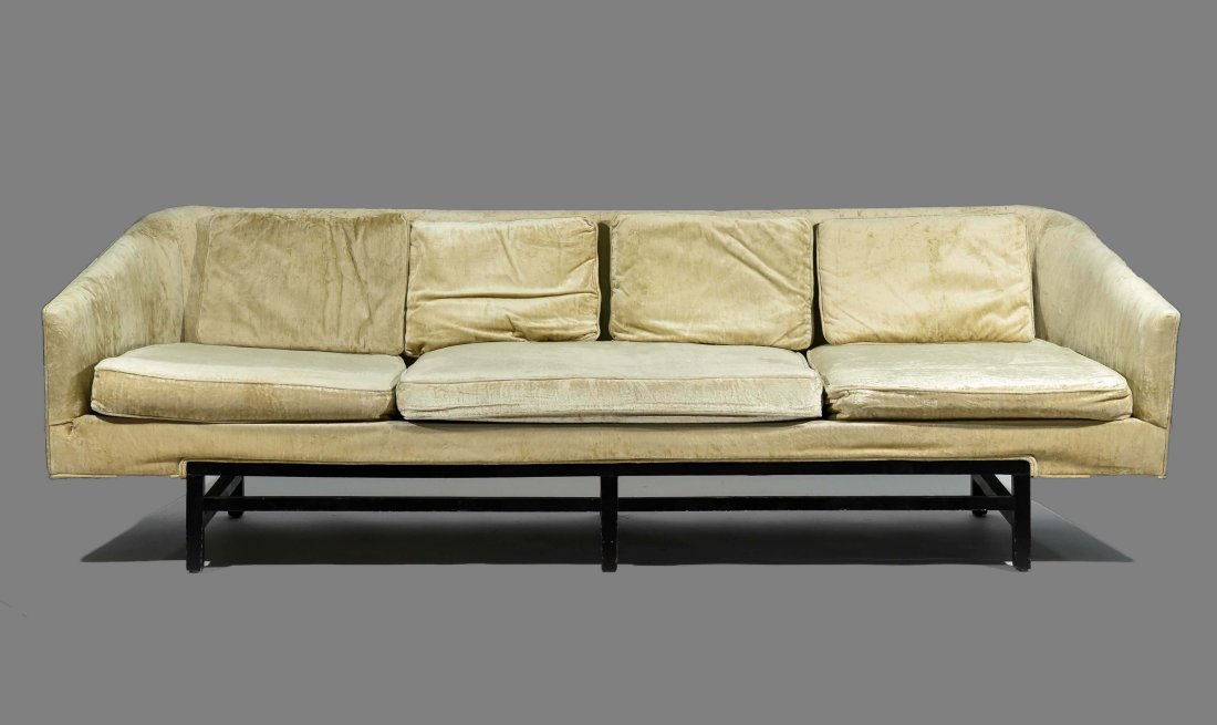 PARZINGER STYLE GONDOLA SOFA: Dimensions: H 29" x W 87" x D 33" Condition: Base feels a bit loose and has a few nicks and dings.