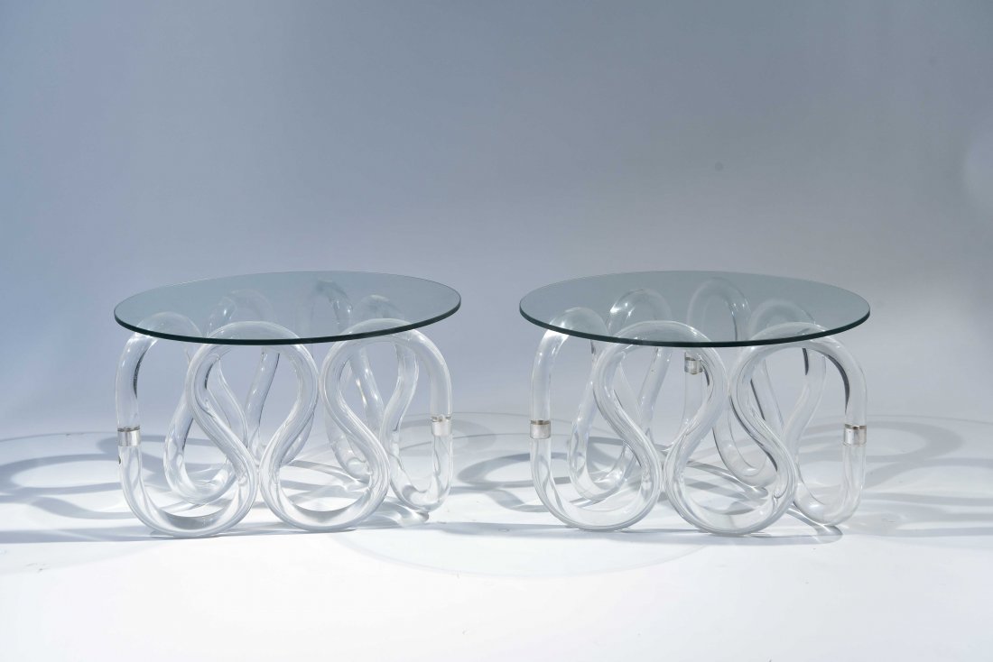 (2) HERB RITTS SCROLLED LUCITE BASE END TABLES (1 of 6)