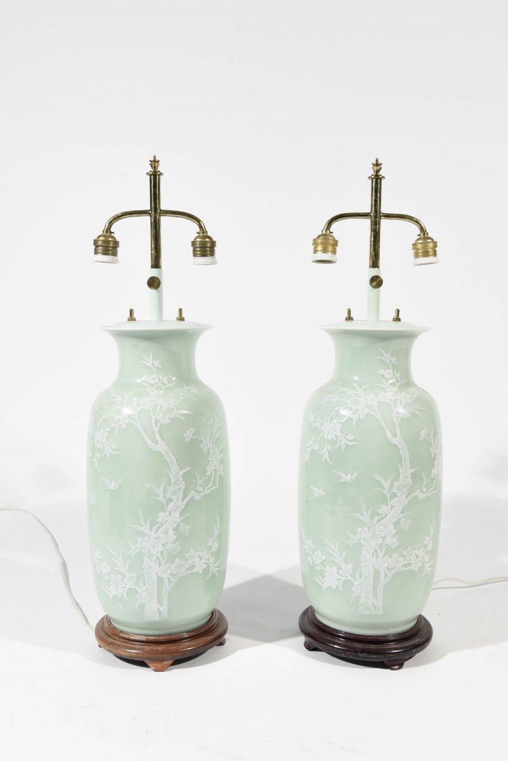 MID-CENTURY ASIAN CELEDON GREEN TABLE LAMPS (1 of 8)