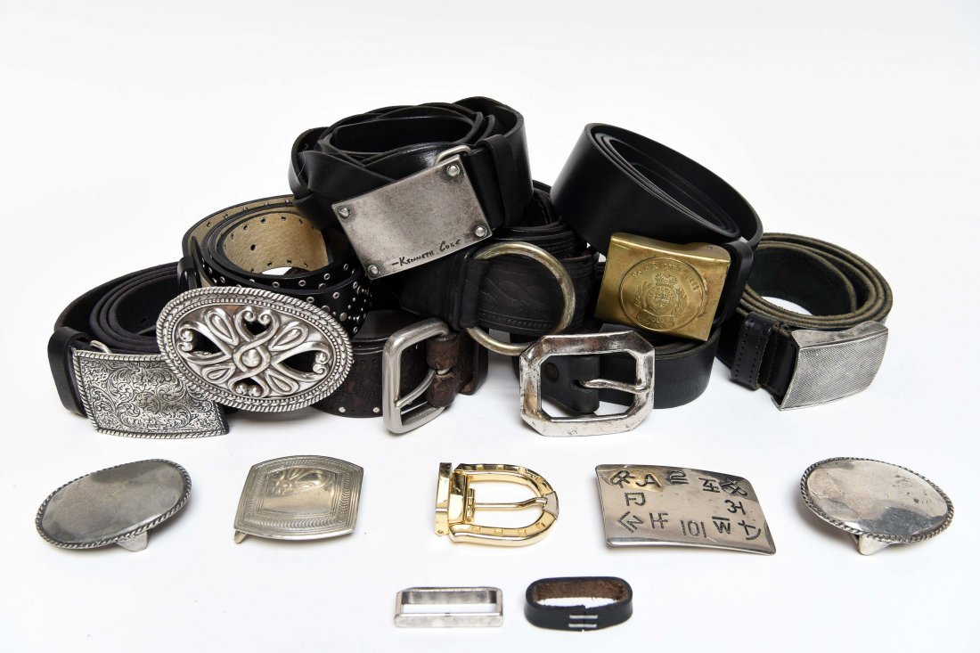 GROUPING OF DESIGNER BELTS & BUCKLES: Including Polo Ralph Lauren, Paolo Gucci, Chambers Belt Co., Kenneth Cole and others. Dimensions of brass-bucked belt: (buckle) H 2.75" x W 4.25" (belt) L 41.25" x W 1.5" Condition: Normal signs of us