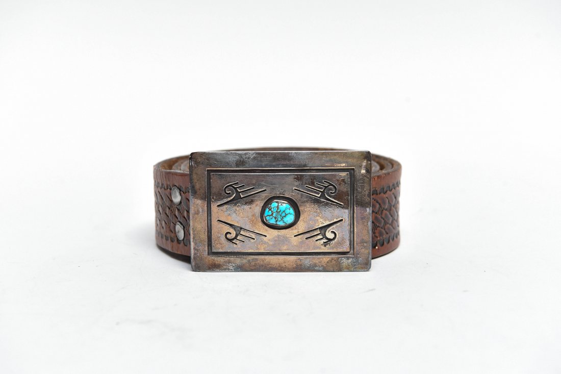 STERLING SILVER & TURQUOISE BELT BUCKLE (1 of 6)