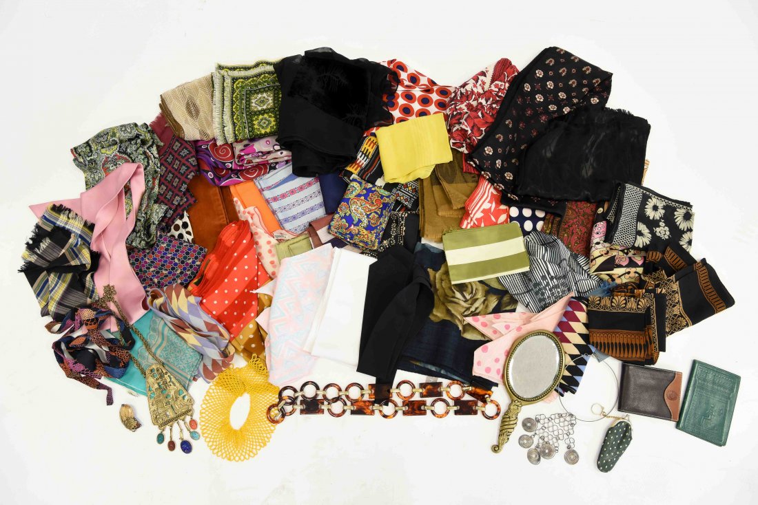 SCARVES & COSTUME JEWELRY GROUPING: 40+ scarvesDimension: Largest L 33" x W 33"Condition: Light fading to some scarves, light scratches to mirror, small cracks to leather wallet