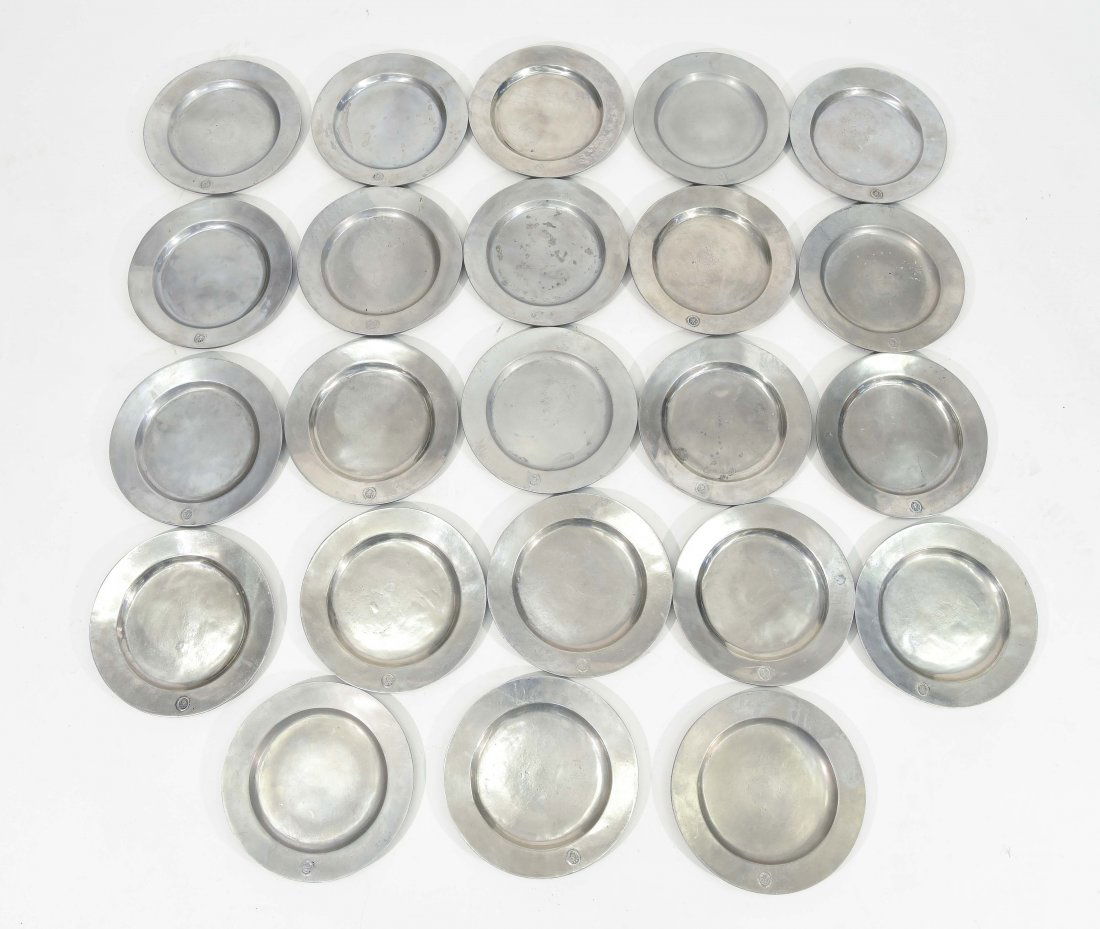 (23) 19TH C. PEWTER CHARGERS OR PLATES (1 of 8)