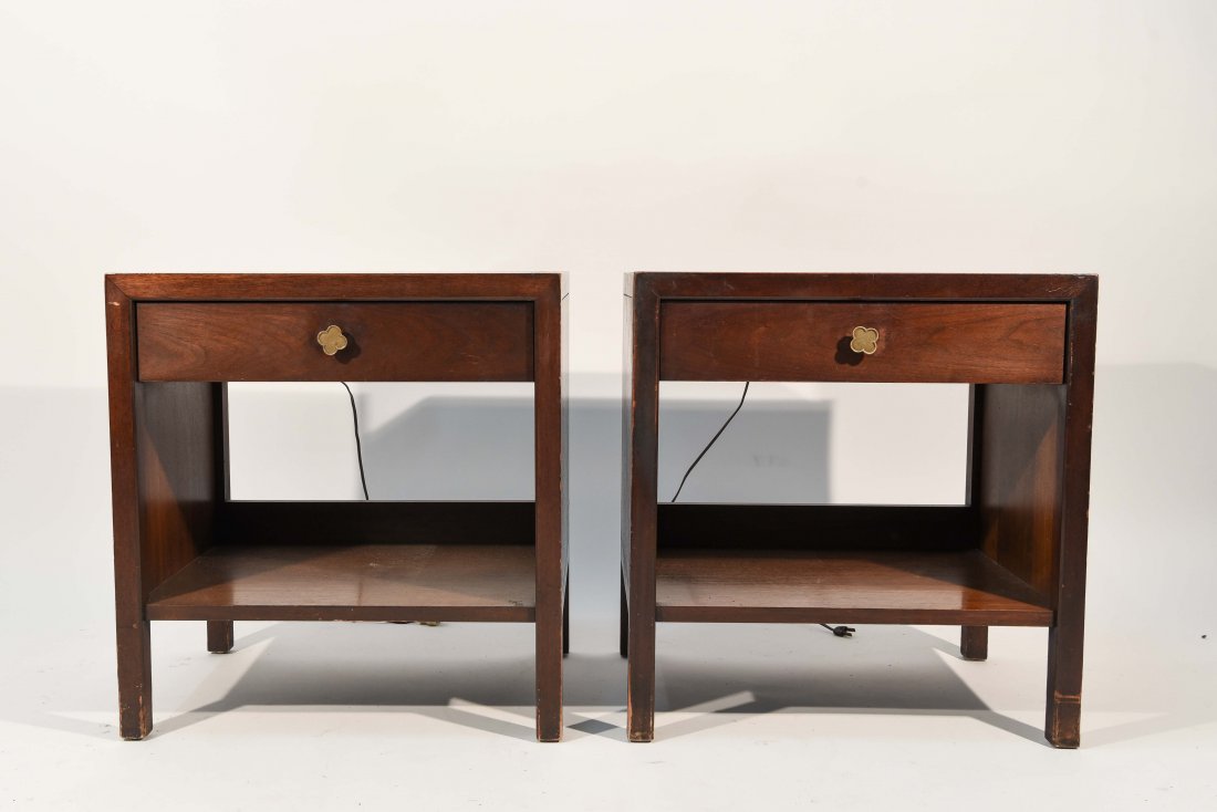 PAIR OF MID-CENTURY NIGHTSTANDS: Dimensions: H 22" x W 23" x D 16"; Condition: Outlets built in, not tested. Moderate finish wear. Some scratches to surface. Couple chips to veneer.