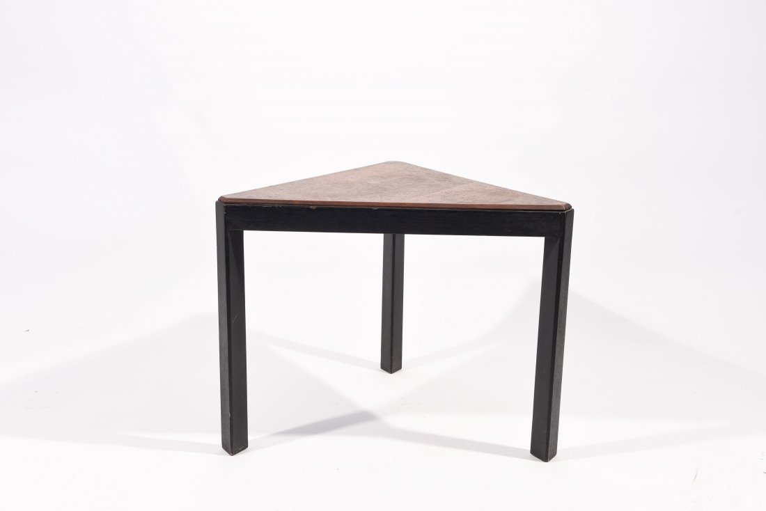 MID-CENTURY TRIANGLE TABLE: Dimensions: H 18" x W 24" x D 21"; Condition: Legs need to be tightened. Few nicks and dings to legs and edges. .5" chip to one edge. Few small white paint marks. Few water marks on the surface.