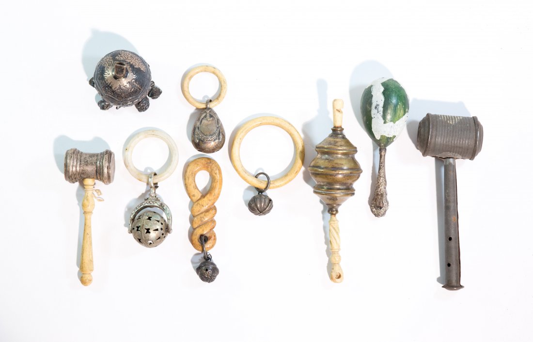 GROUP OF ANTIQUE BABY RATTLES INCL. STERLING (1 of 10)