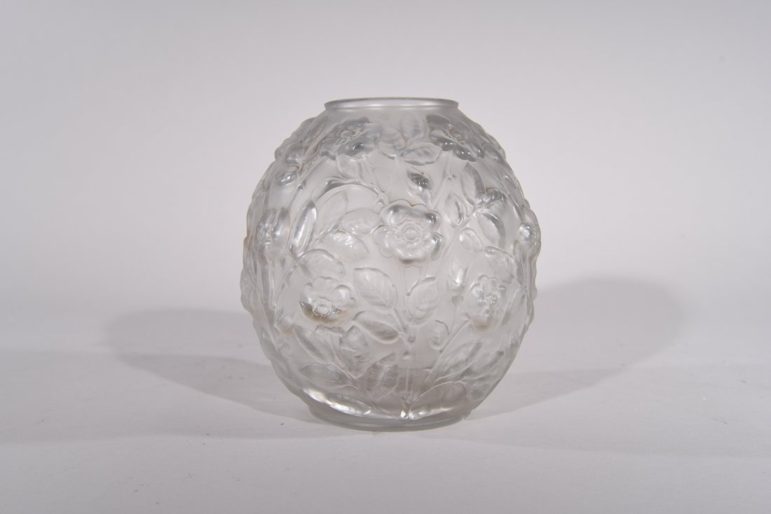 ART DECO GLASS VASE: Florals and vines, not signed . Dimensions:H8" x W7" x D4" Condition: Miniscule nicks to mouth. Large crack to inside. Small chip to bottom.