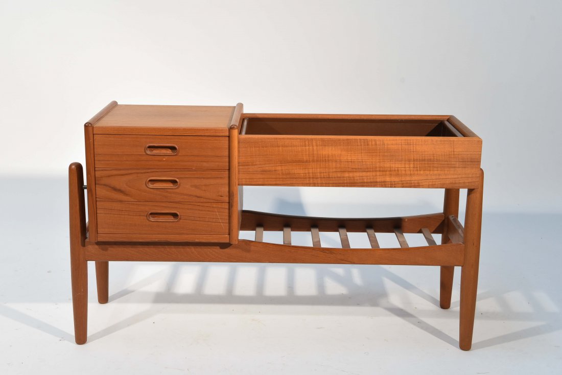 ARNE WAHL IVERSEN VINDE PLANTER W/ DRAWERS: Stamped on bottom made in Denmark Dimensions: H 22" x W 37" x D 12" Condition: Very few small scuffs to face and legs.