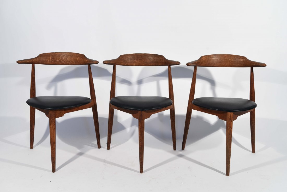 (3) HANS WEGNER HEART THREE LEG CHAIRS: Dimensions: H 129" x W 22" x D 20"; Condition: Some joints have been repaired, need to be re glued. Some scuffs to upholstery. Small nicks, chips, dings, and scratches to wood. A few small white paint