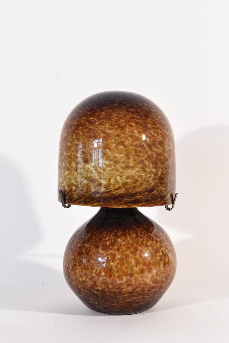 MICHELE LUZORO GLASS MUSHROOM LAMP, FRANCE: Cased brown faux tortoise pattern lamp. Signed. Dimensions: H 13.25" x D 7"; Condition: Not tested. Cord appears to be original. Nothing to note.