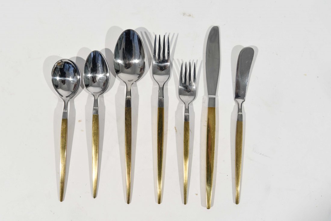 JAPANESE SRI BRASS & STAINLESS STEEL FLATWARE: Count: 24 Tea Spoons, 13 Knives, 12 Salad Forks, 11 Dinner Forks, 12 Table Spoons, 1 Sugar Spoon, 2 Butter Knives