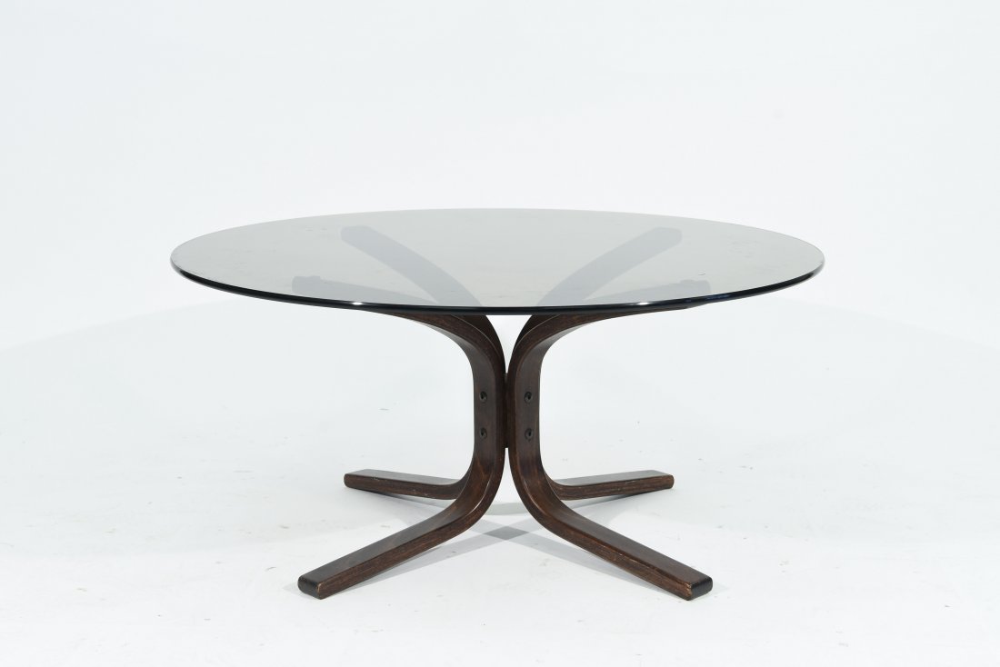 SIGURD RESSELL COFFEE TABLE FOR VATNE MOBLER: Dimensions: H 16.5" x D 35.5"; Condition: Some surface scratches, one moderate. Some wear to base with a few white paint marks.