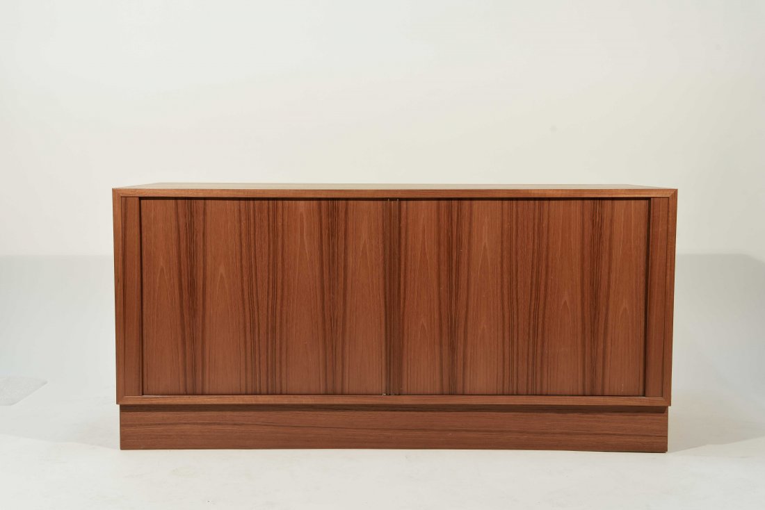 POUL HUNDEVAD TAMBOUR CREDENZA: Dimensions: H 26" x W 54.5" x D 20" Condition: Very light scratches to top, few chips to backside top edge.