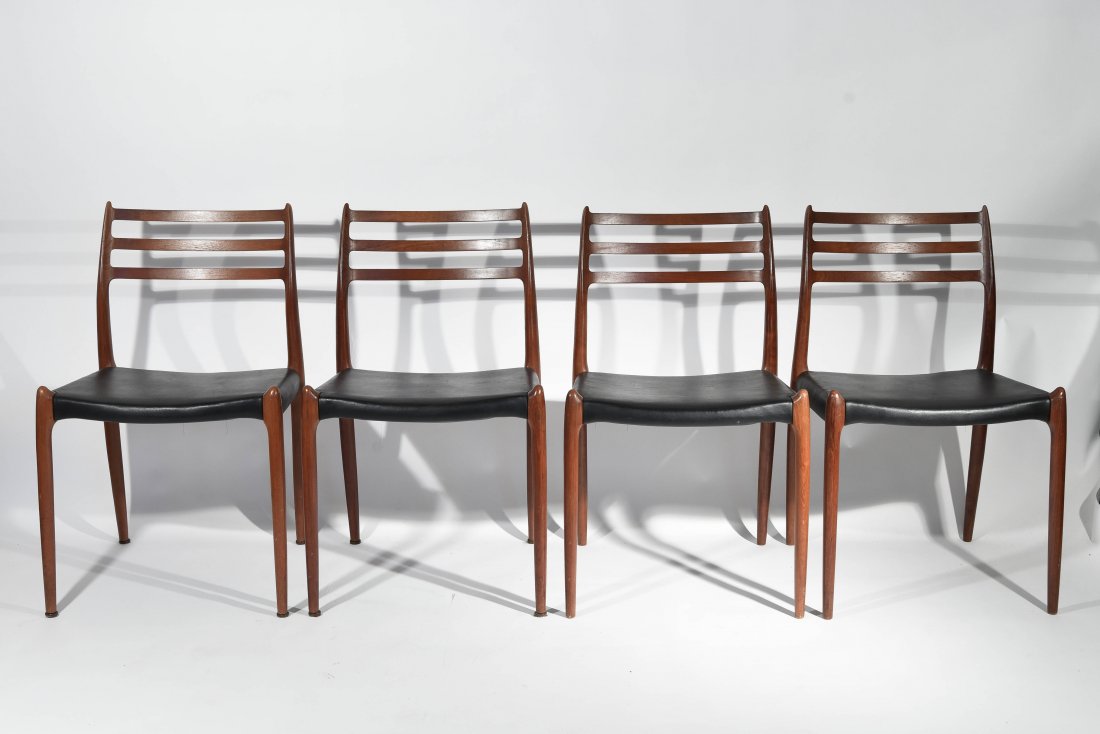 (4) NEILS MOLLER DINING CHAIRS: Dimensions: H 30.5" x W 19.5" x D 17.5"; Condition: Some light scratches and nicks to upholstery. Couple small white paint marks. Light finish wear. Few dings to edges.