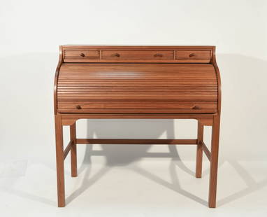 ANDREAS HANSEN HADSTEN ROLL TOP DESK: Dimensions: H 44.25" x W 44" x D 24" Condition: Few small dents to front edges, Two keys.