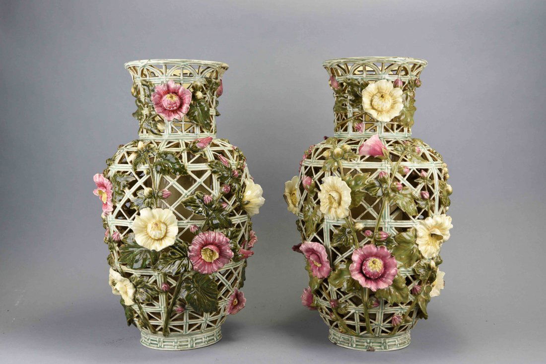 PAIR OF ZOLSNAY PIERCED CERAMIC VASES (1 of 10)