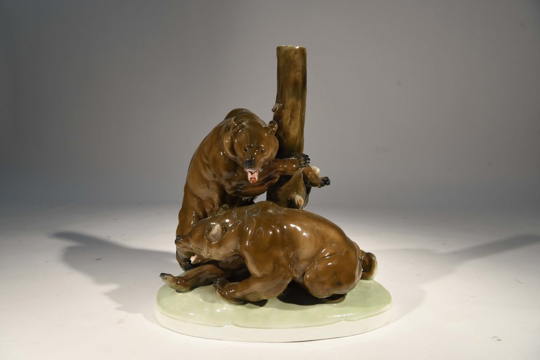 MAX HERMANN FRITZ PORCELAIN BEAR FRAUREUTH: Porcelain, two bears. Dimensions: H 18" x W 17" x D 11" Condition: Half inch shallow surface crack 8 inch firing crack to bottom