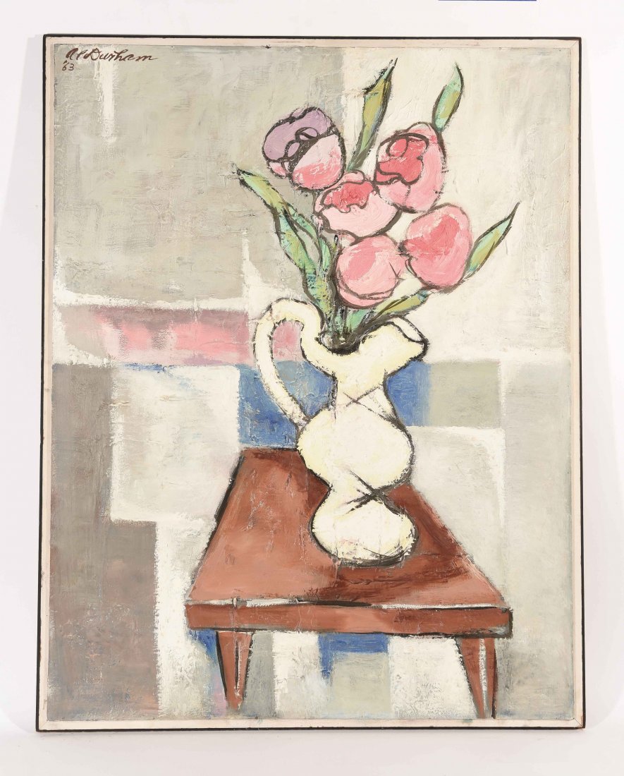 CUBIST STILL LIFE PAINTING (1963): Untitled (cubist still life of vase and flowers.),1963 Masonite board,upper left side signed and dated 63 Durham? Dimensions: Framed H 37"x W 29", sight H 35.5" x W 27.5" Condition:Surface dirt and ha
