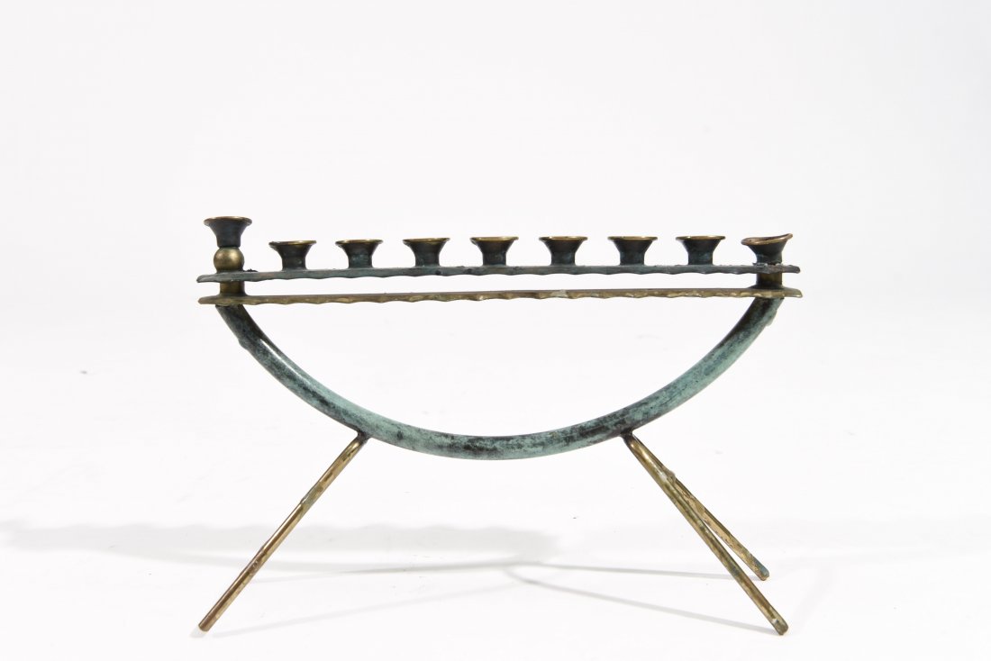 MID-CENTURY MENORAH: Dimensions: H 6.25" x W 9.25" x D 2.25" Condition: Some patina and dings.