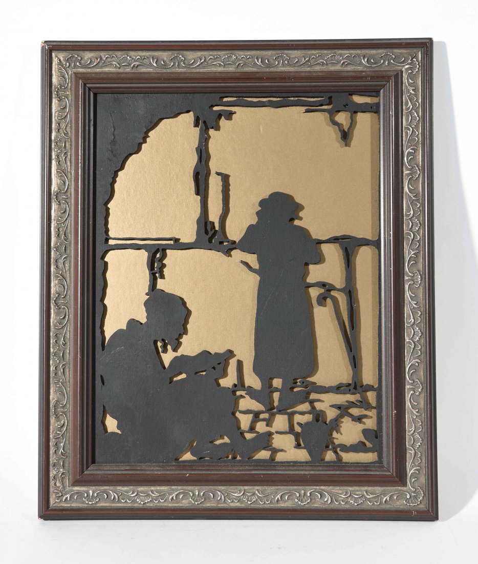 JEWISH WOOD CUTOUT SILHOUETTE: Mixed media black paper cutout on a light brown background. Dimensions: H 13.5" x W 11" Condition: tears to the black surface.