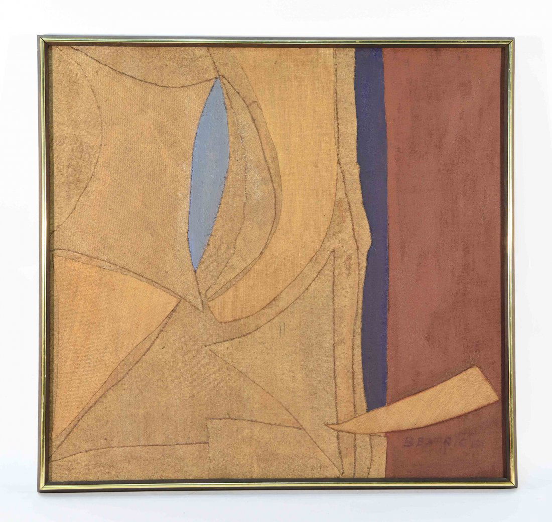 ATTR. BEATRICE MANDELMAN (1912-1998): C. 1950 mixed media canvas collage Dimensions: H 33.25" x W 33.25" Sight: H 30" x W 30" Condition: Some dings to frame