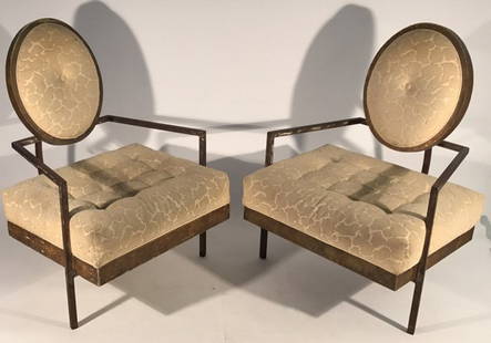 PAIR OF CHAIRS IN MANNER OF JORDAN MOZER: Dimensions: H 44" x W 32" x D 36" Condition: Staining to fabric, loss of paint, scratches dents and nicks to wood