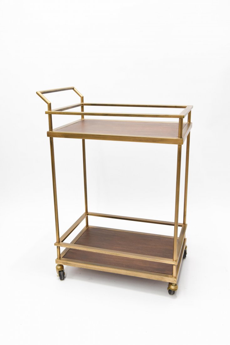 2 TIER PARTY BAR CART: Dimensions: H 36.5" x W 25.5" x D 16.5" Condition: some scuffs to couple metal edges and corners, little paint loss, few small paint specks on wood