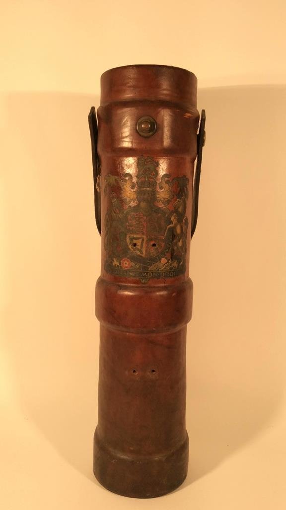 VINTAGE LEATHER CANE OR UMBRELLA HOLDER: Dimensions: H 23.5" x DIA 5.5" Condition: Separation in back, scratches and peeling near top, 6 small holes