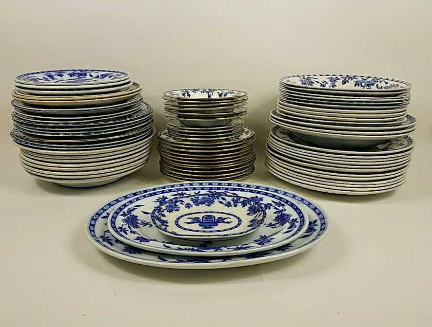 MINTON'S ENGLISH TRANSFERWARE: Approx. 75 pieces Dimensions: Larger platter L 13" x W 10.5" Condition: A few flee bites to some edges, no major chips or cracks.